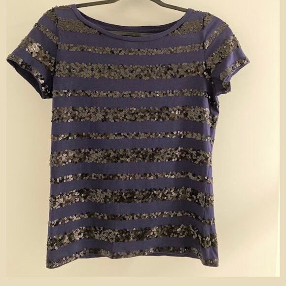 Joe Navy Blue Sequin Stripe Stretch Cotton T-Shirt | Boat Neck - Picture 13 of 16